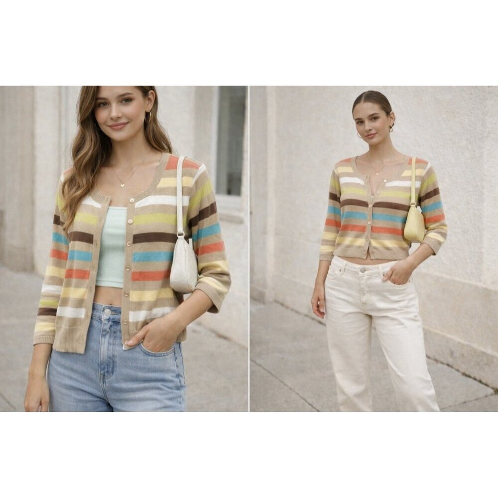 Vtg Rafaella Cardigan Sweater Medium Striped Retro Boho Cotton Y2K 90s Hong Kong
